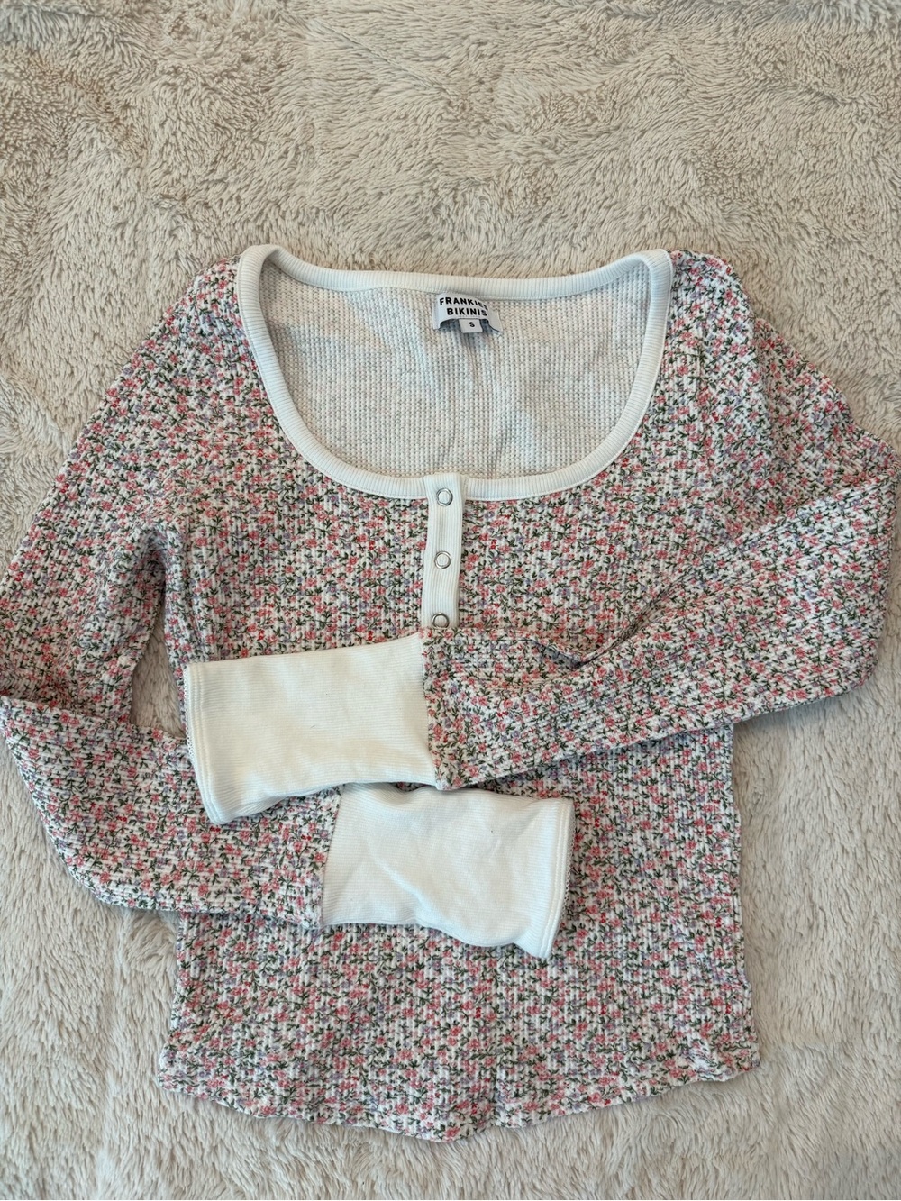 Frankie's Bikinis Pink & White Knit Henley Long Sleeve Top